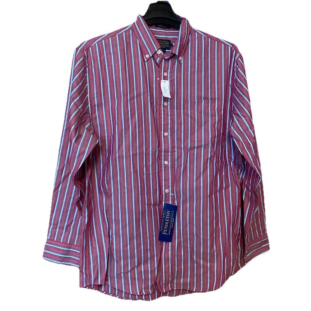 PENDLETON Men Sz L Button Down Cotton BRIDGEPORT Dress Shirt Red Blue Stripe NEW